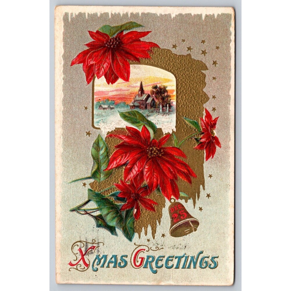 Antique Postcard Christmas Greetings Poinsettias Church Bell Posted 1912 MD